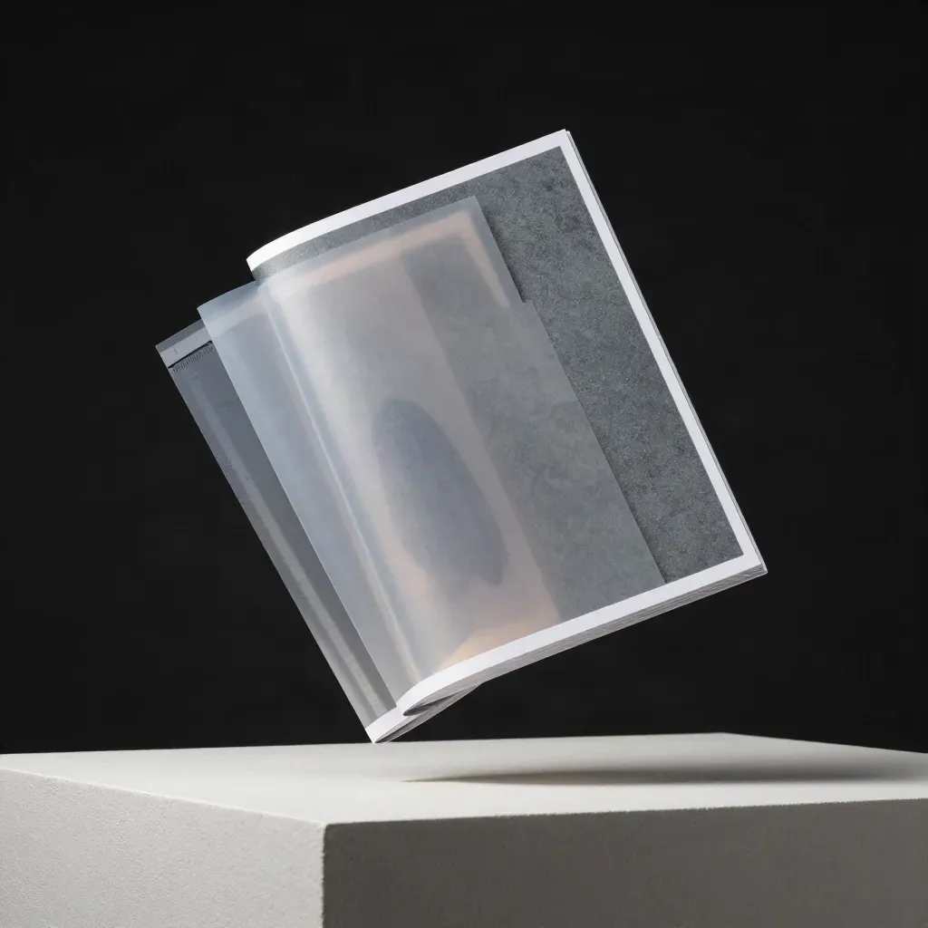 Floating audit folio and slate tile above a plaster plinth in a dark studio with cool rim light