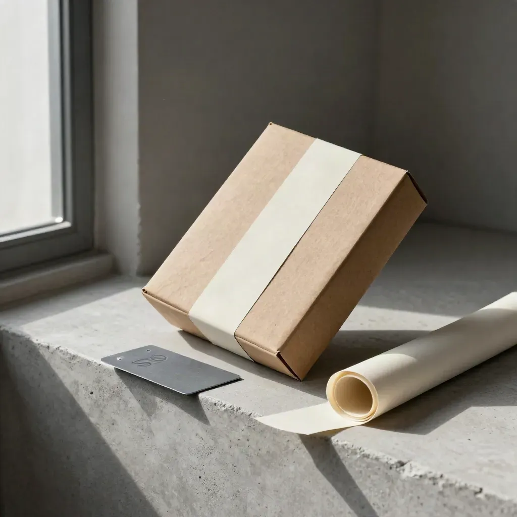 Kraft-wrapped SEO bundle box slides on concrete with utility cards and metal clip.