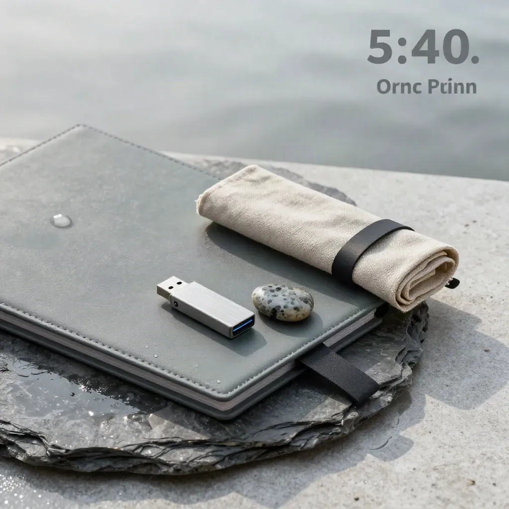 Website audit kit folio with USB, linen wrap, and stone sample on wet slate at dawn