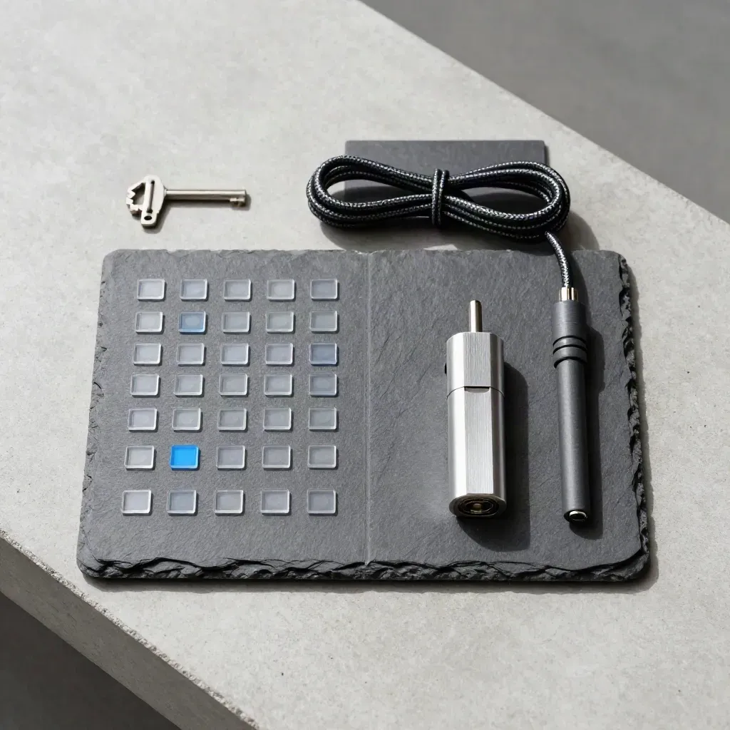 Overhead flatlay of slate audit kit, chips and cable on pale concrete with cool blue glint.