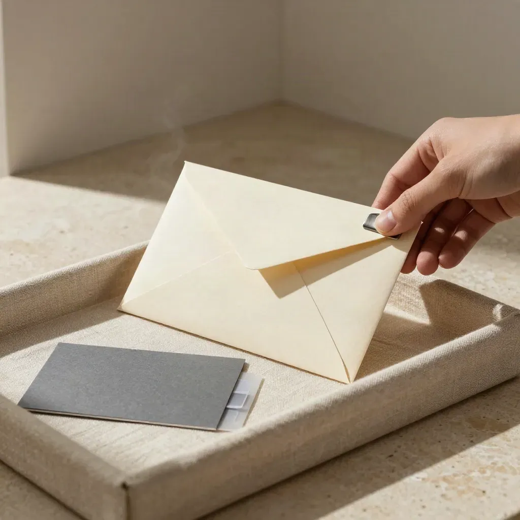 Cream email campaign packet in linen tray on stone ledge with slate card and soft steam.