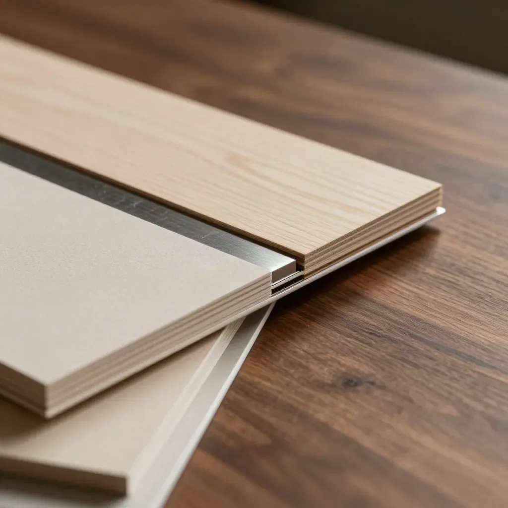 Macro of stacked matte panels, pale wood block and brushed steel strip on a walnut slab.