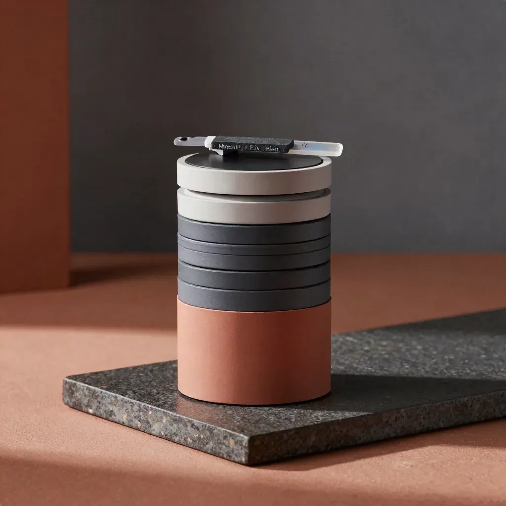 Four nested plan inserts on dark ceramic tile with a charcoal band and soft studio light.