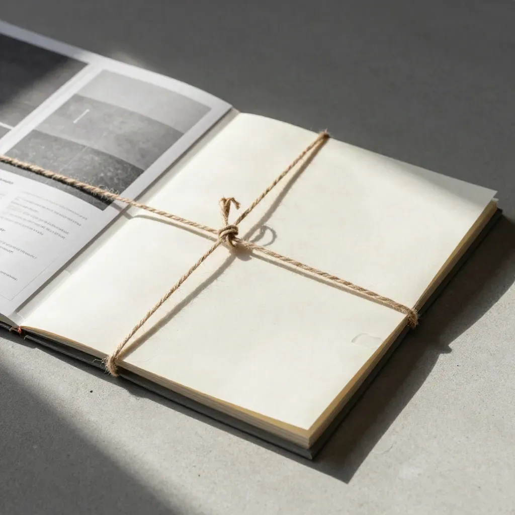 Cream wrapped conversion folio with slate insert, twine, and paper dust on concrete