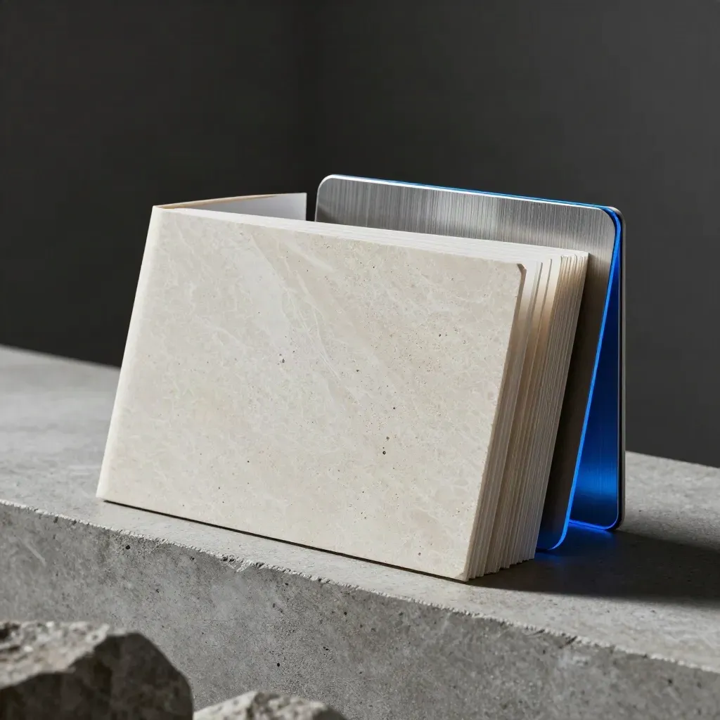 Stone folio layers fanned open beside a brushed-metal card in hard side light.