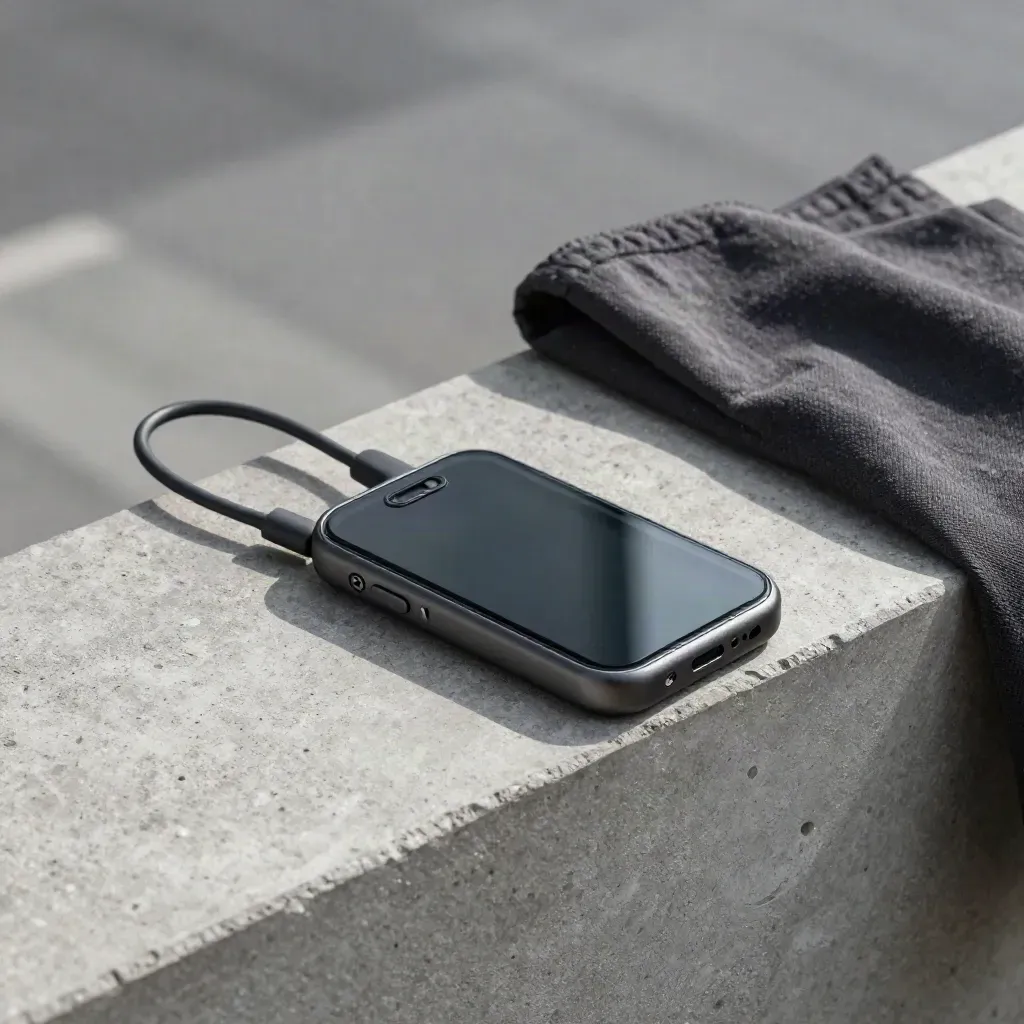 Graphite digital marketing kit on concrete ledge with cable, glass tile and cloth in city haze.