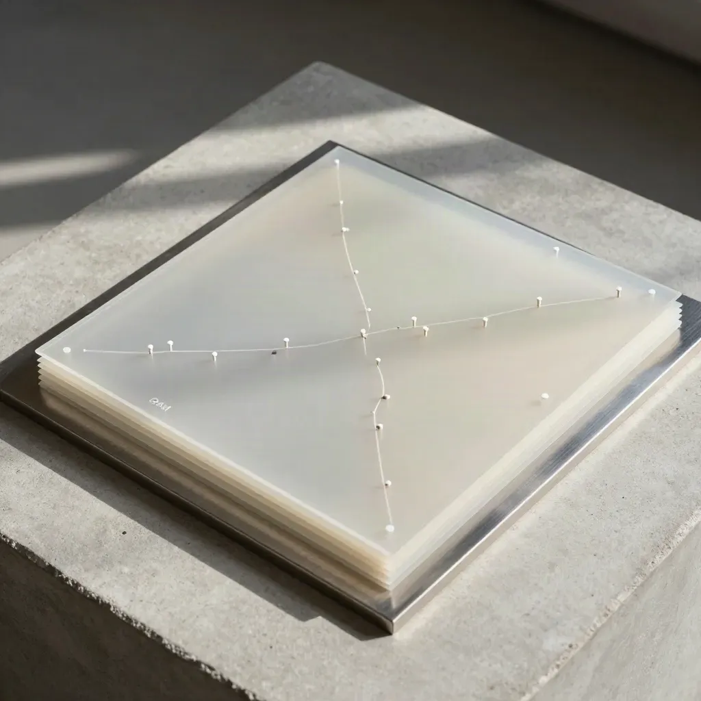 Overhead translucent analytics stack on brushed steel with white pegs and soft shadow.