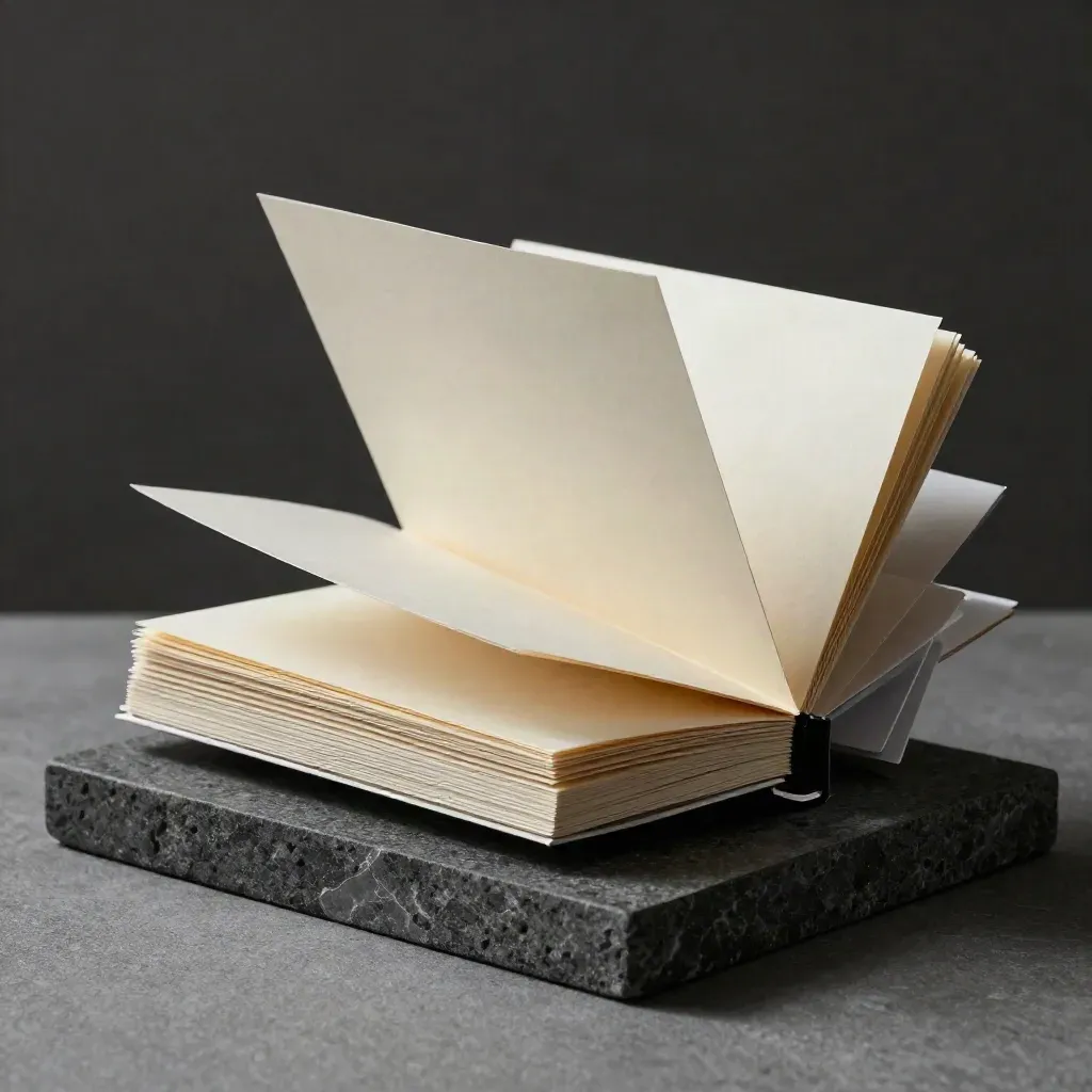 Cream page stack with graphite block and black clip on charcoal plinth, lit as a hero product.