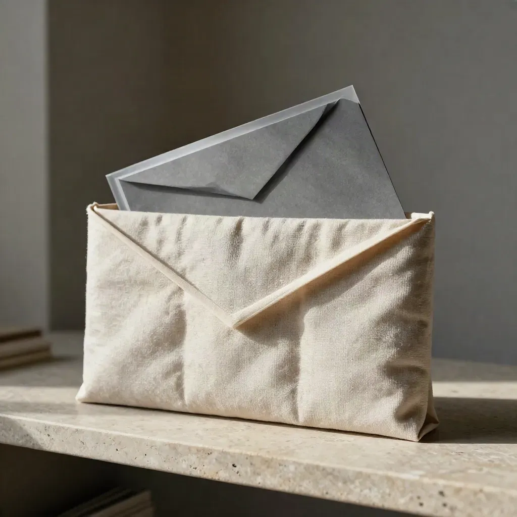 Folded linen email packet on limestone with three inserts unfolding in soft side light