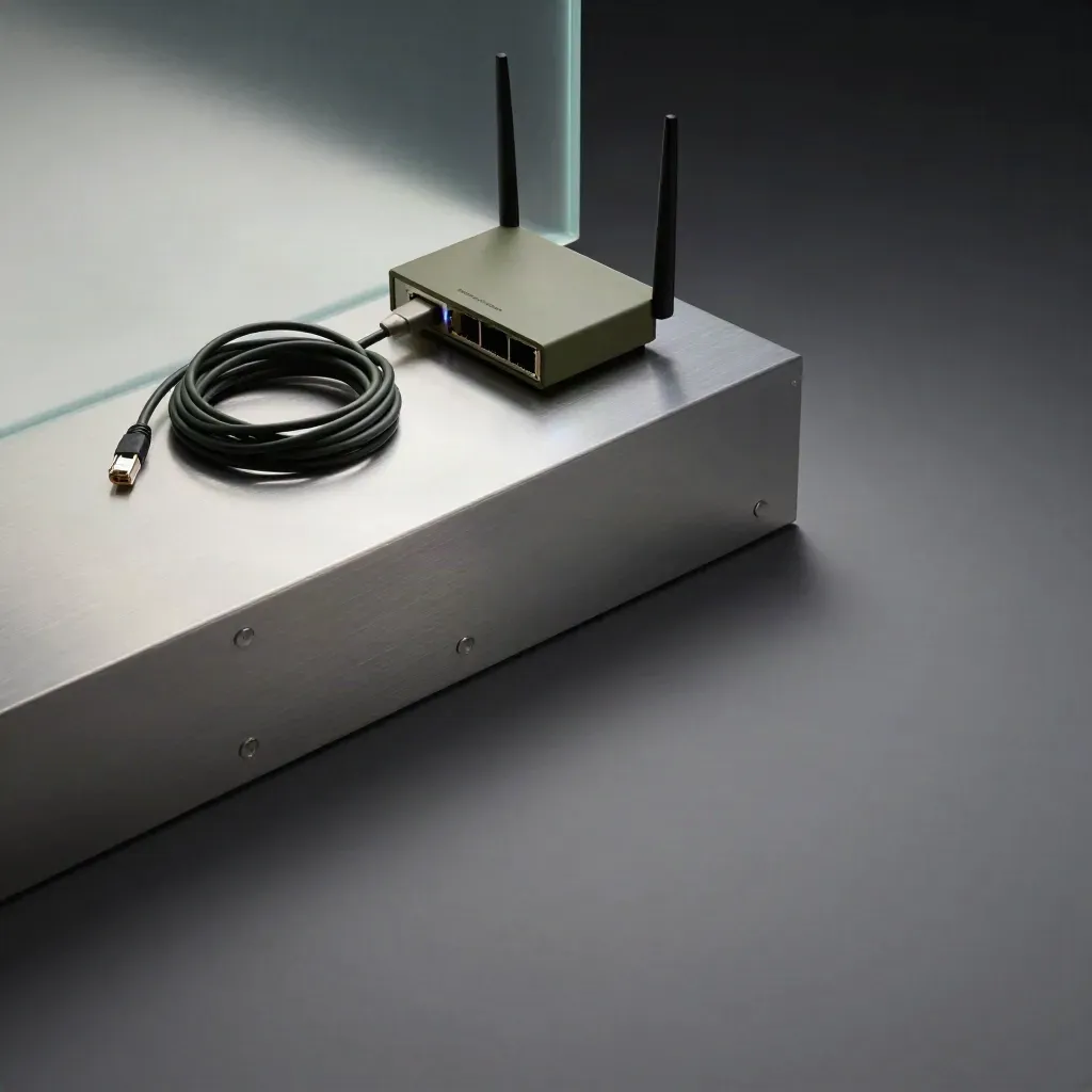 Brushed metal tracking setup with cable coil and frosted glass in cool haze.