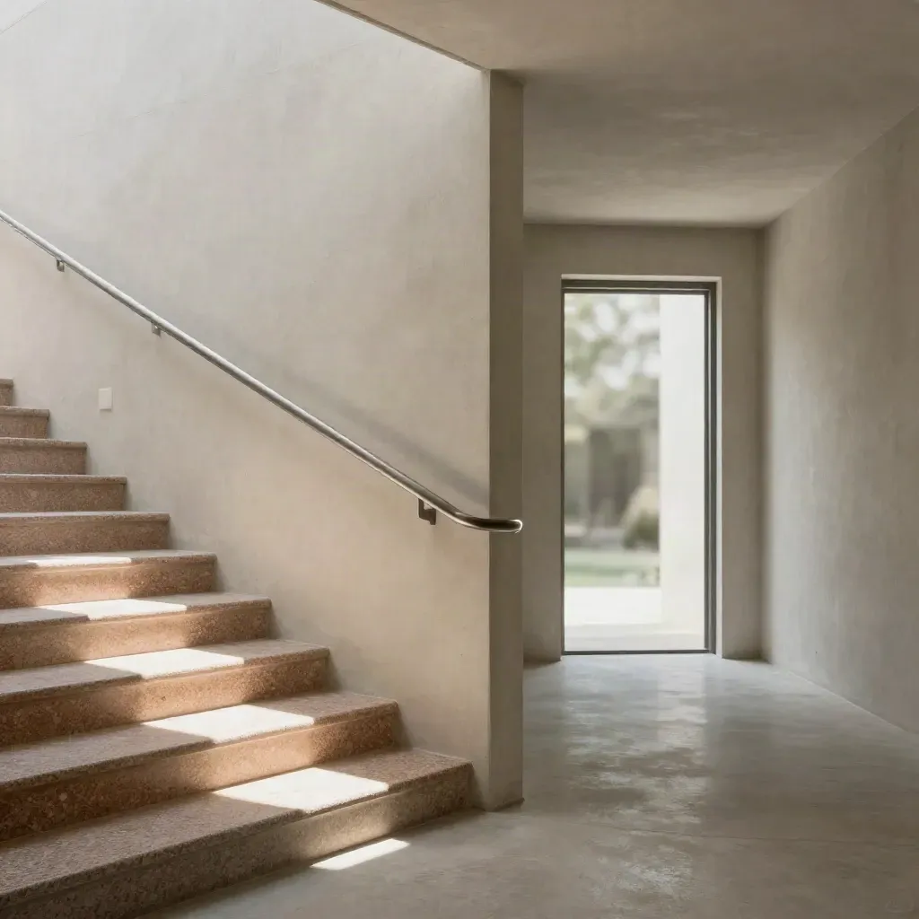 Sunlit concrete corridor and stair landing with bright exit and calm copy space