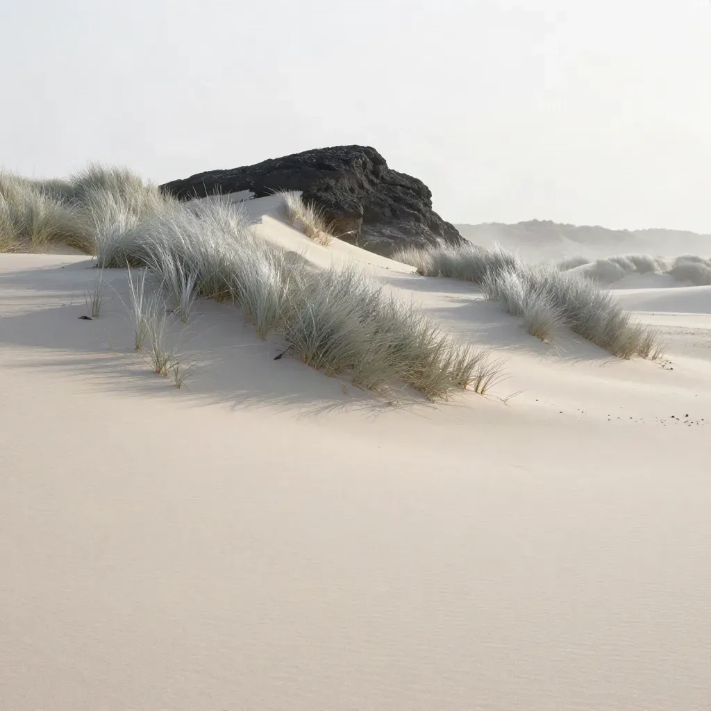 Windy dune ridge with silver grass and fog, calm sand foreground, charcoal outcrop