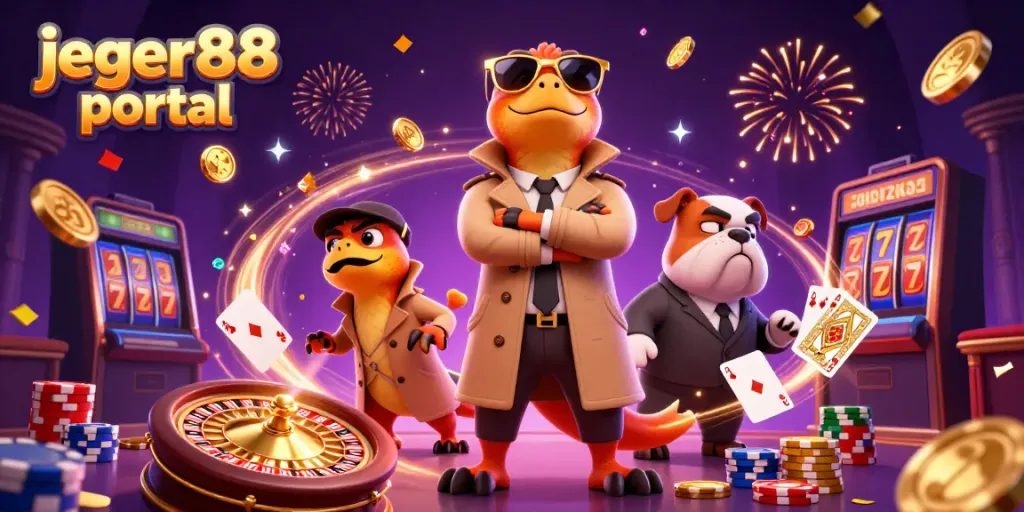 Bermain di jeger88 portal, tiga raptor lucu masuk ke lounge VIP kasino sambil dikelilingi koin emas