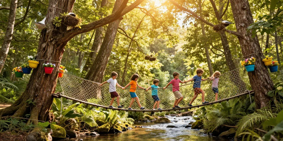 Rope Bridge design connecting two trees with children crossing joyfully in a lush forest.