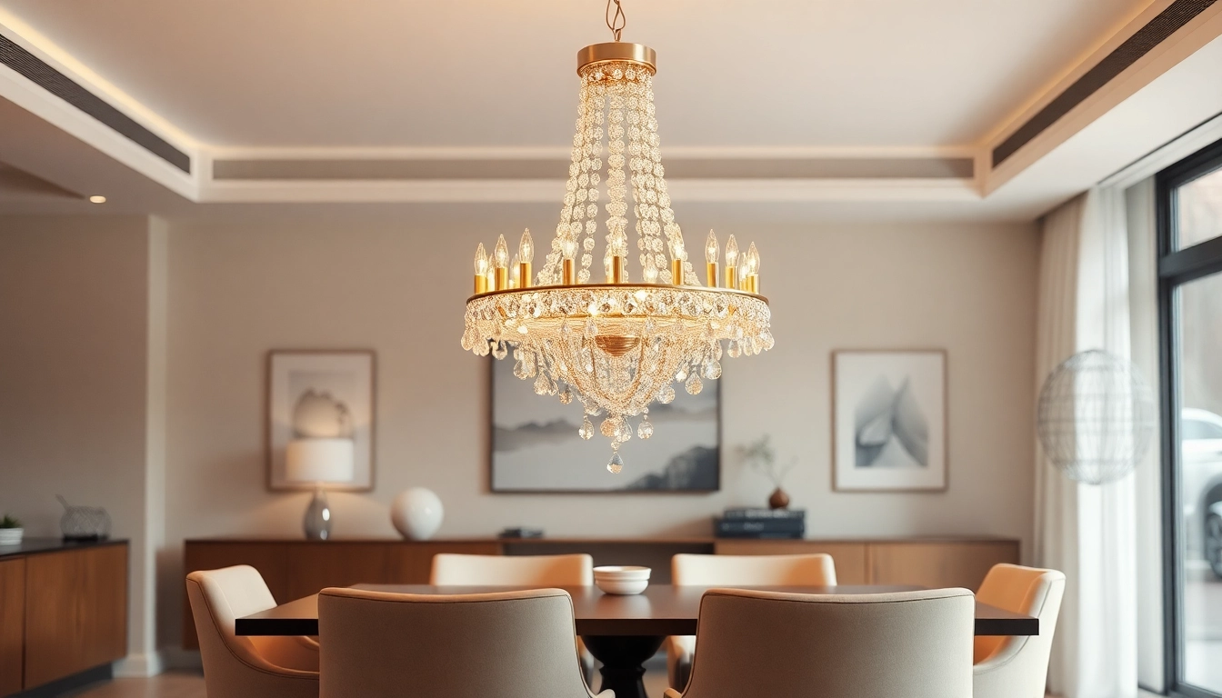 Elegant island chandelier illuminating a modern dining room with warm ambiance and luxurious details.