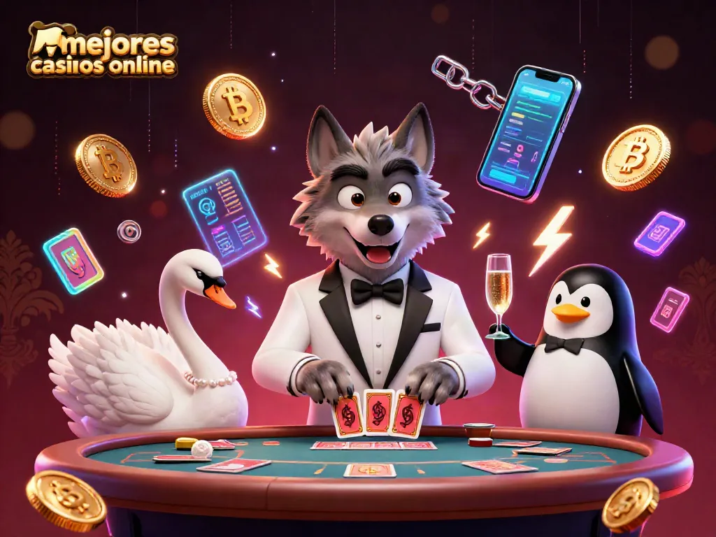 Ilustración 3D de los mejores casinos online con un lobo elegante y una elegante cisne, mostrando el juego de cartas.