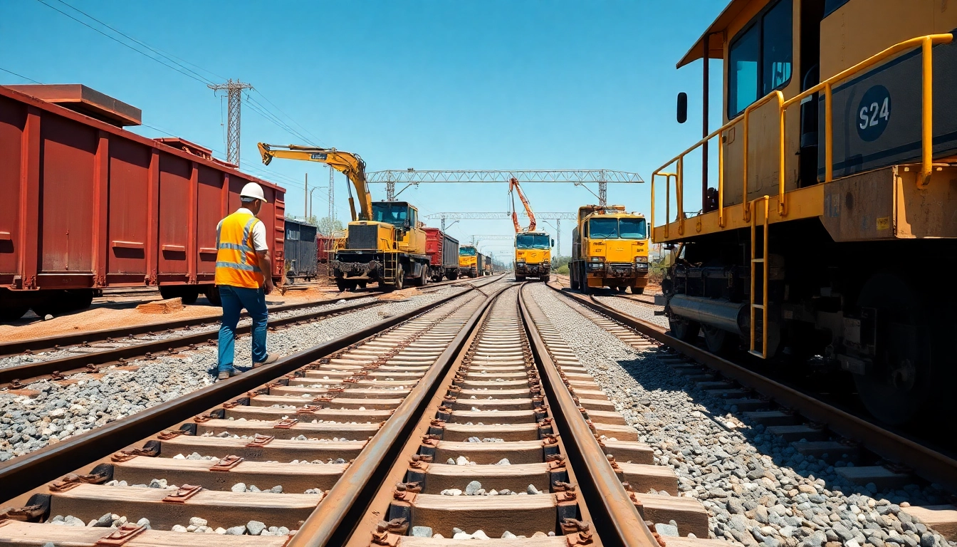 Workers performing railroad construction tasks in a busy construction site.