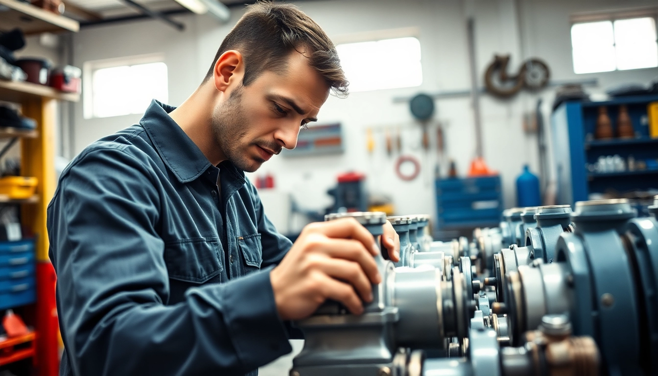 Technician performing hydraulic pump services amidst tools and equipment in a professional setting.