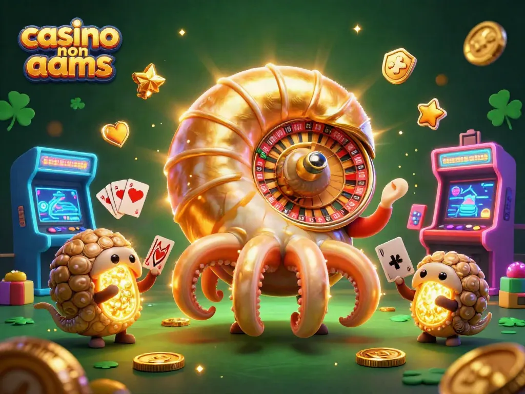 Seleziona il casino non AAMS per giochi avvincenti con un nautilus illustrato che regge carte e con giochi luminosi attorno.