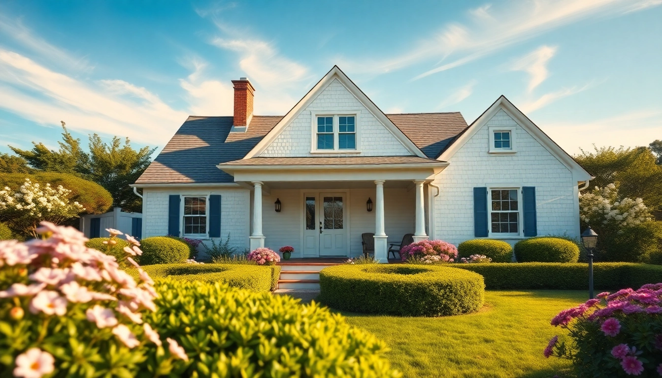 A picturesque cape cod home nestled in a vibrant garden filled with flowers under a clear sky.