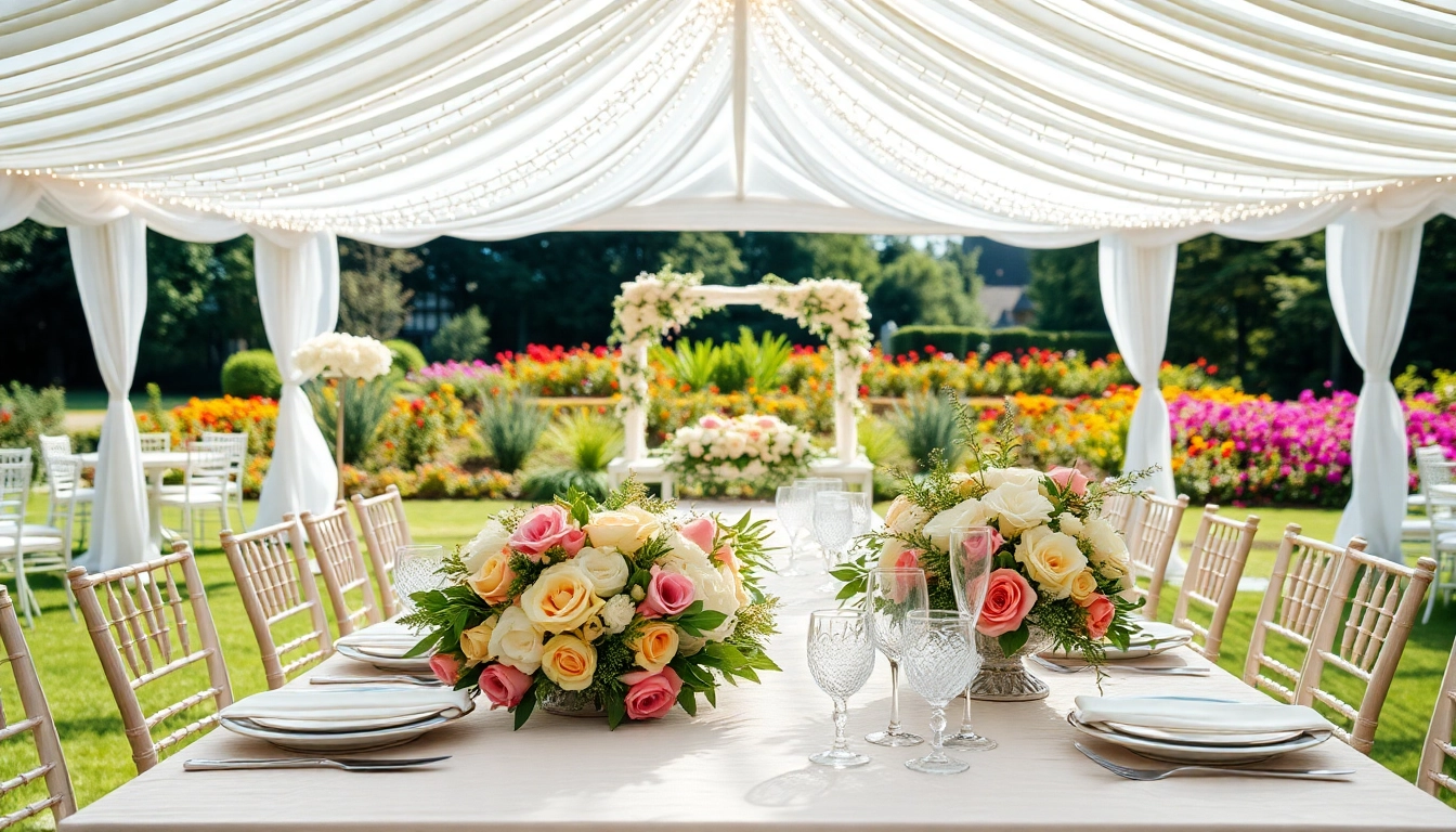A beautiful arrangement of Wedding & Event Rentals featuring a tent and decorated dining table in an outdoor garden.