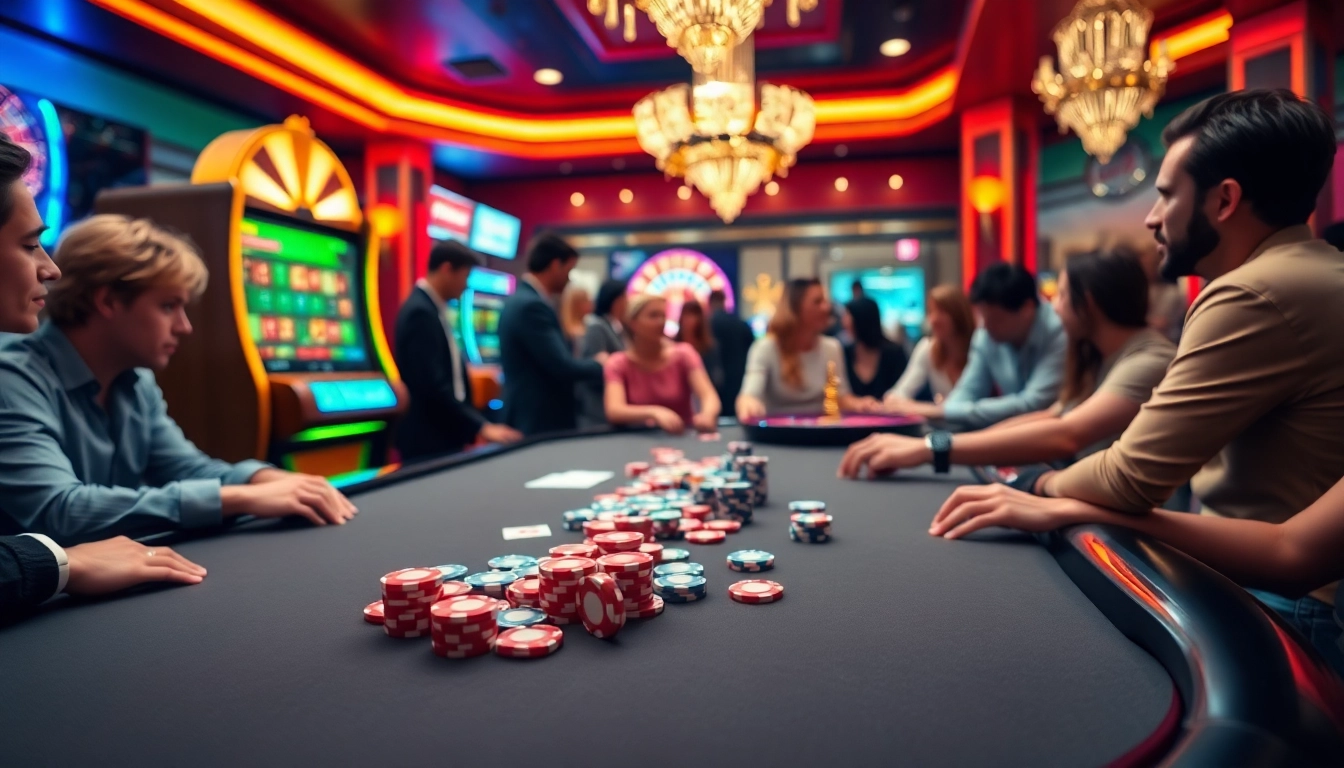 Une scène de casino vibrante mettant en vedette une table de poker et une machine à sous, mettant en avant les stratégies de meilleure casino en ligne.