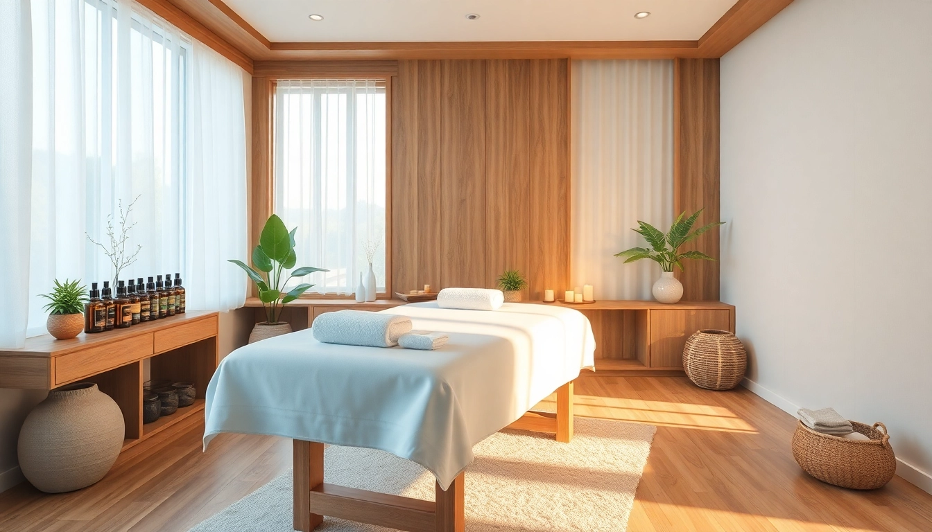 Relaxing 출장안마 therapy room with calming decor, massage table, and soft lighting.