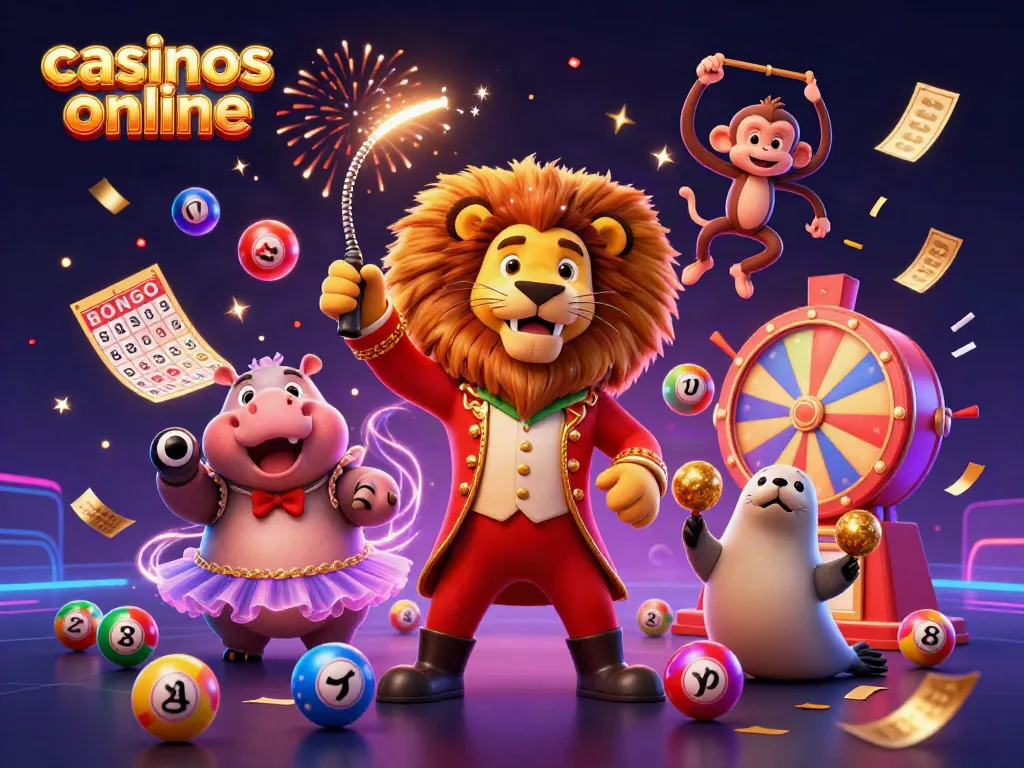 Casinos en línea: Una divertida y dinámica escena de un circo digital con personajes de entretenimiento y elementos de juego.