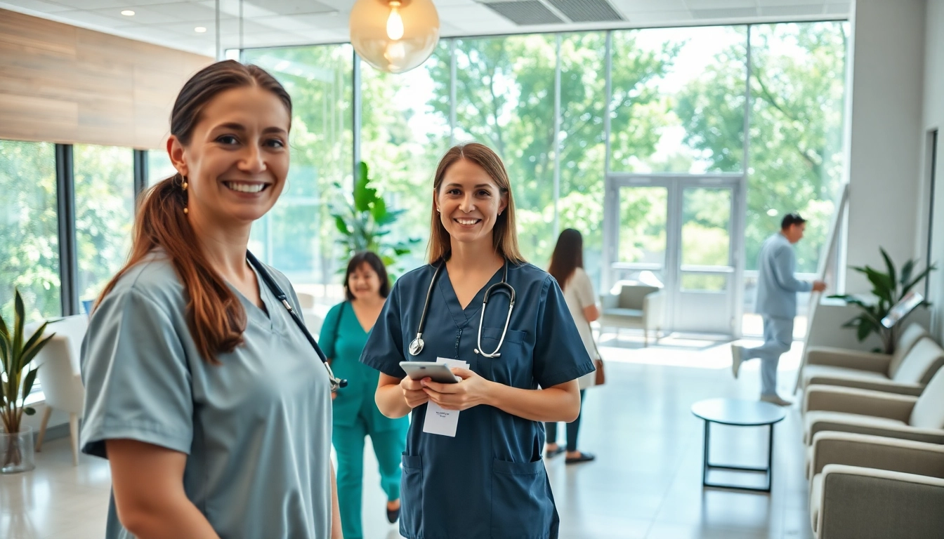 Engaged nurse at city health clinic Sydney welcoming patients in a bright, inviting reception.