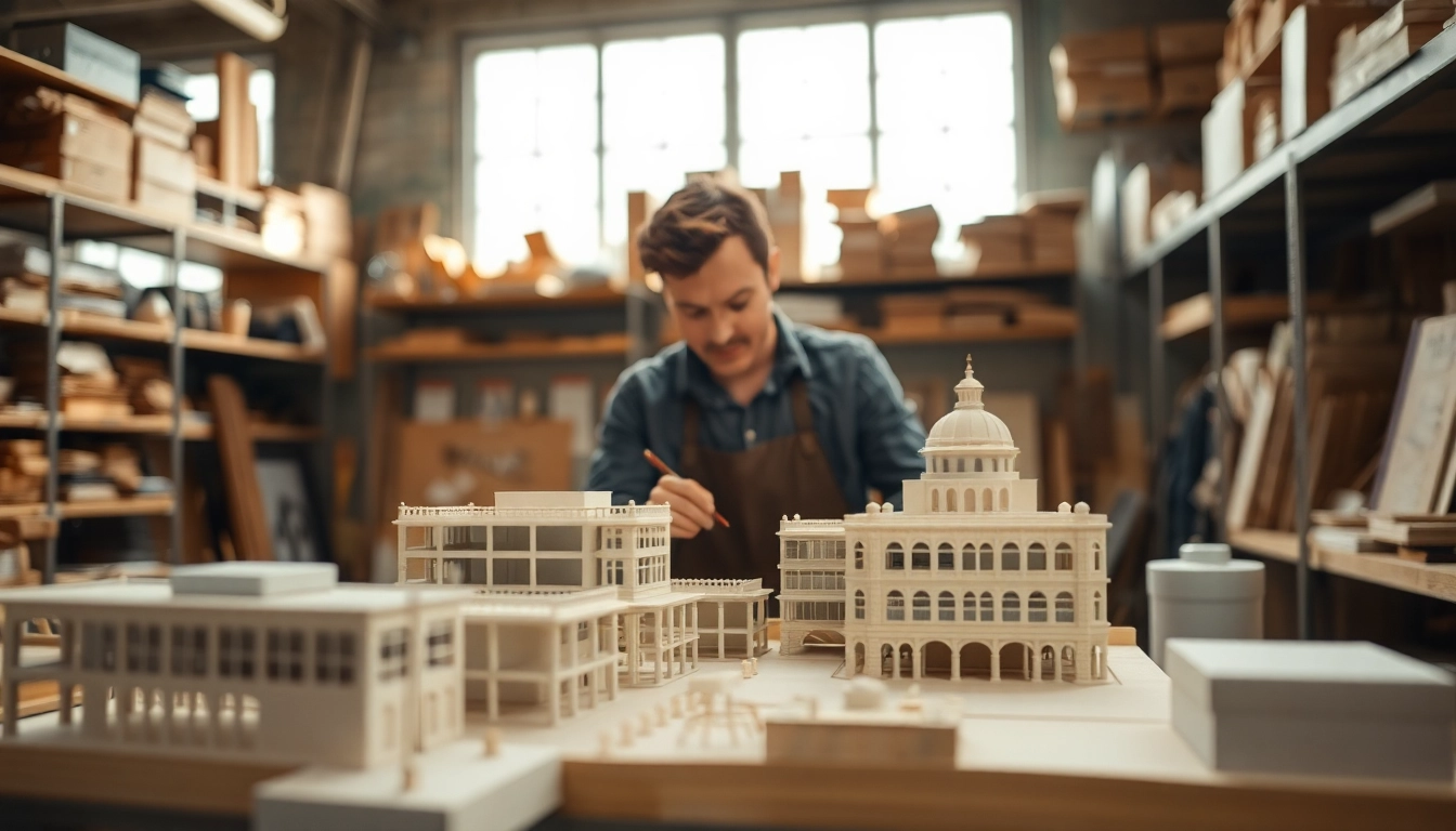 Industriemodellbau in action, featuring a craftsman creating detailed architectural models.