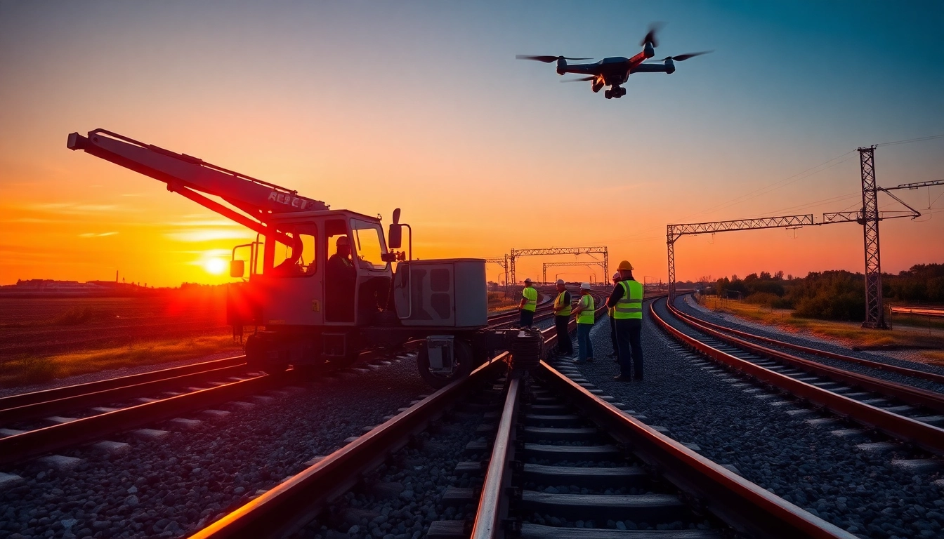 Team performing derailment repairs on railway tracks under a radiant sunset, showcasing machinery and coordination.