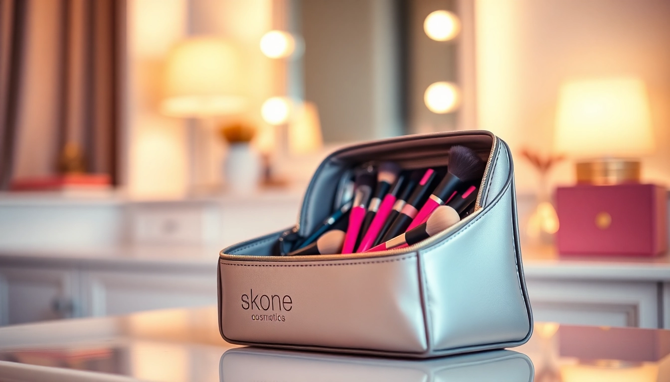 Showcasing the skone cosmetics signature makeup bag filled with vibrant makeup essentials.