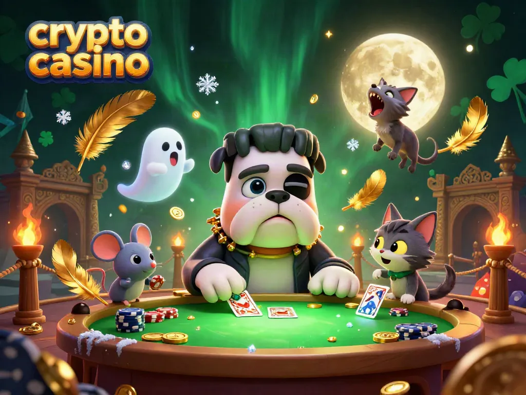 Gioca nel crypto casino con un bulldog Frankenstein che distribuisce carte in un'atmosfera spettrale e avvolgente.