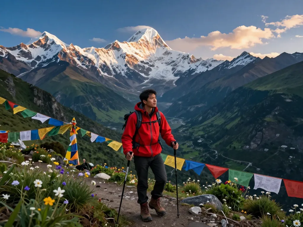Annapurna Circuit trekking at sunrise with a traveler overlooking snow-capped peaks and lush valleys.