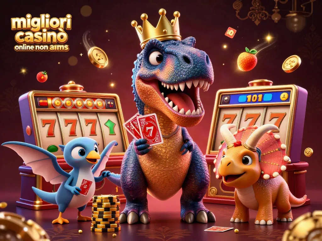 Gioca nei migliori casinò online non aams con T-Rex divertente e simboli delle slot in un'illustrazione vivace.