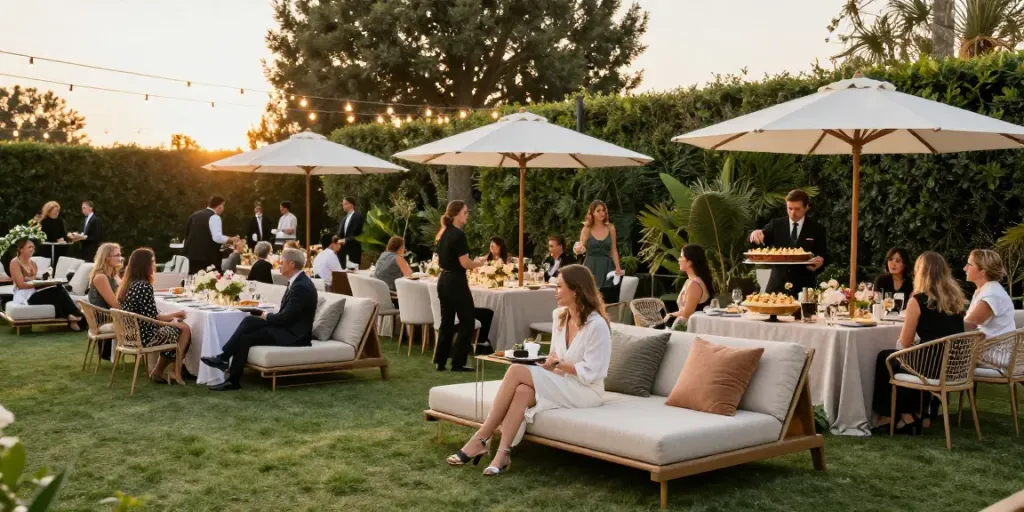 Event furniture rental setup with luxurious lounge chairs and tables at a beautifully decorated outdoor event.