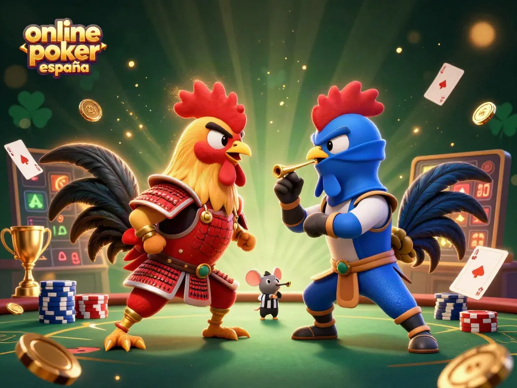 Juega al poker online España con enérgicos gallos en un enfrentamiento épico.