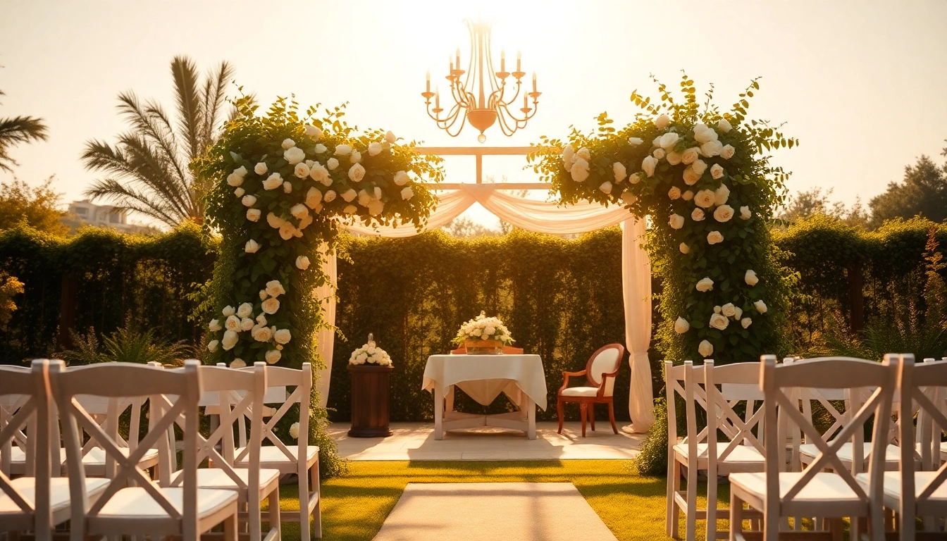 Capture the enchanting Wedding & Event Rentals setup with a floral altar and charming decor.