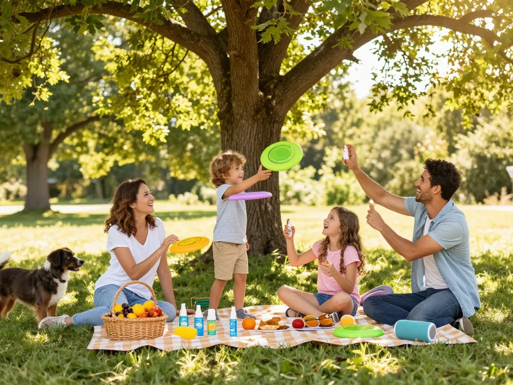 Family enjoying a sunny picnic with mosquito repellent products visible, ensuring protection.