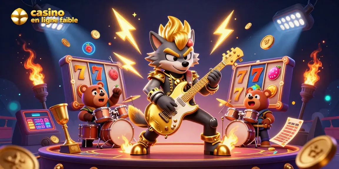 Une scène dynamique de casino avec un loup rock star et un ours batteur illustrant un casino en ligne fiable.