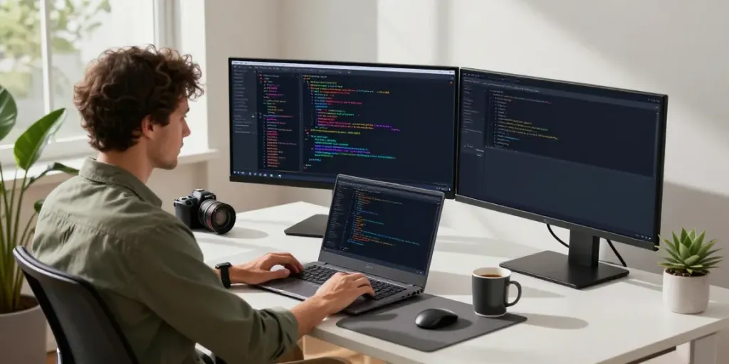 Developer coding with Notepad++ at modern workspace on https://notepad-app.co/ with dual monitors and plants.