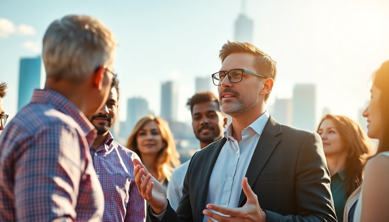 Explore founder leadership insights with a business leader engaging a team in a vibrant outdoor setting.