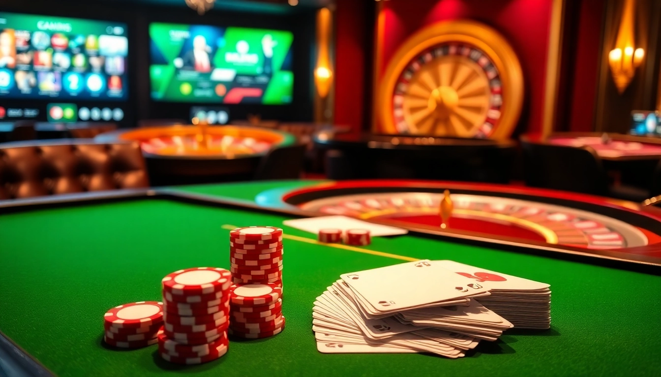Vivez l'excitation d'une partie de poker à enjeux élevés au meilleure casino en ligne avec des jetons colorés et un décor élégant.