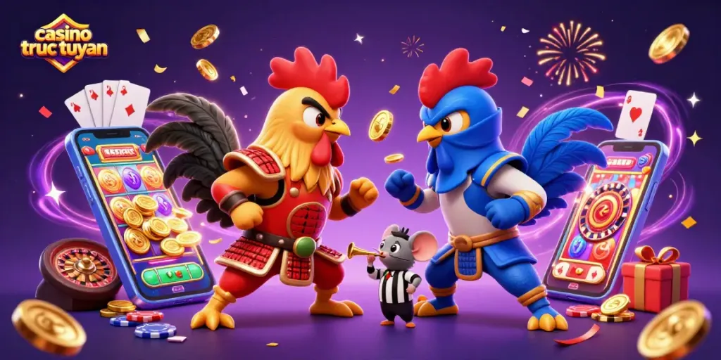 Chơi casino truc tuyen với gà chiến và cổ vật, không khí lễ hội và hiệu ứng đặc sắc.