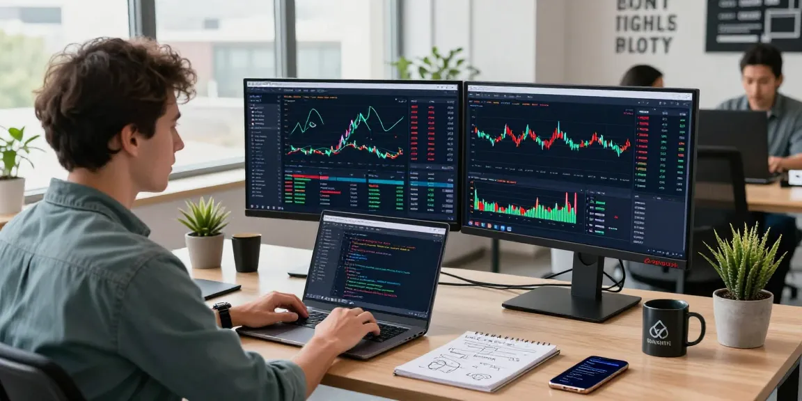Developer utilizing US algo trading stock API in a modern workspace with trading dashboards and collaborative tech elements.