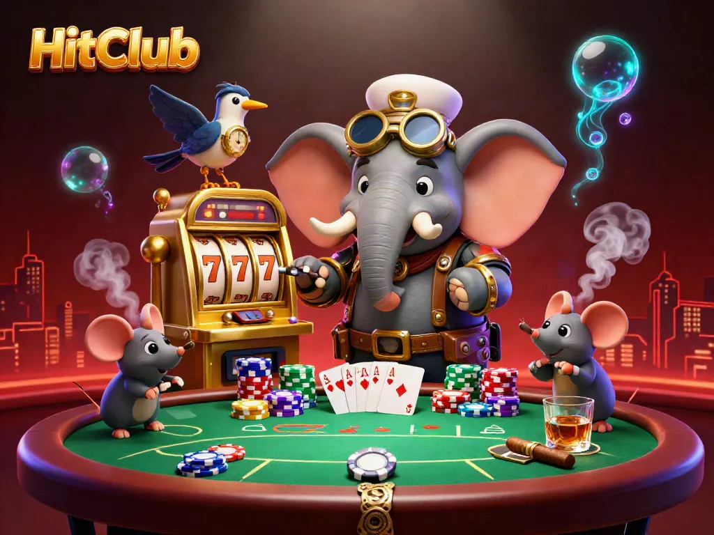HitClub showcases a steampunk elephant engineer spinning a golden slot machine amidst a vibrant casino atmosphere.