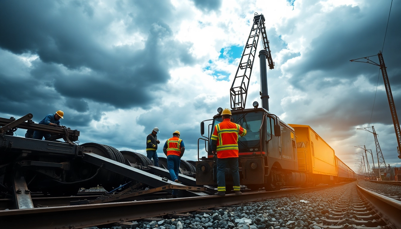 Executing derailment repairs with heavy machinery and a railway crew at a train accident site.