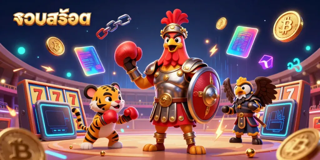 Engage in รวมสล็อต with a dynamic scene featuring a gladiator rooster, tiger cub boxer, and eagle, surrounded by gaming elements.