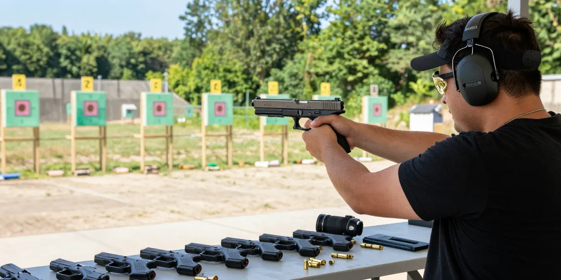 Glock enthusiast at shooting range customizing their precision slide at https://precisionglockslides.com.