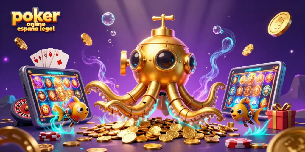 Juego de póker online en España legal con ambiente marino lleno de monedas doradas y elementos de casino.